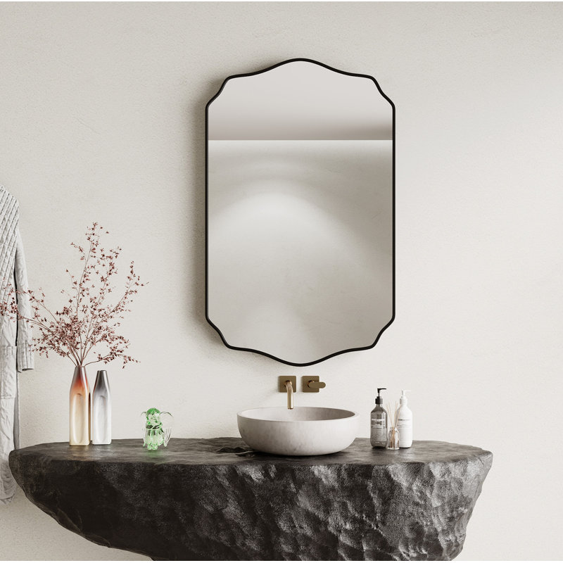 Scalloped Mirror Irregular Wall Mirror Unique Rectangle Mirrors for Bathroom，Entryway, Black, 36" x 24"