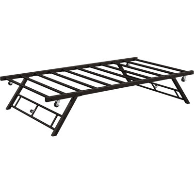 Twin Pop Up Trundle Bed Frame, Trundle Day Bed with Lockable Casters, Foldable Metal Platform Bed Frame for Guest Room, Sleepover and Living Room, Vintage Brown