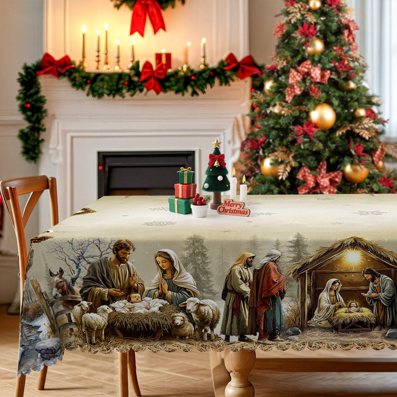 Nappe en polyester lavable à la machine pour les décorations de fêtes de Noël, L 70,8 po x l 55,12 po