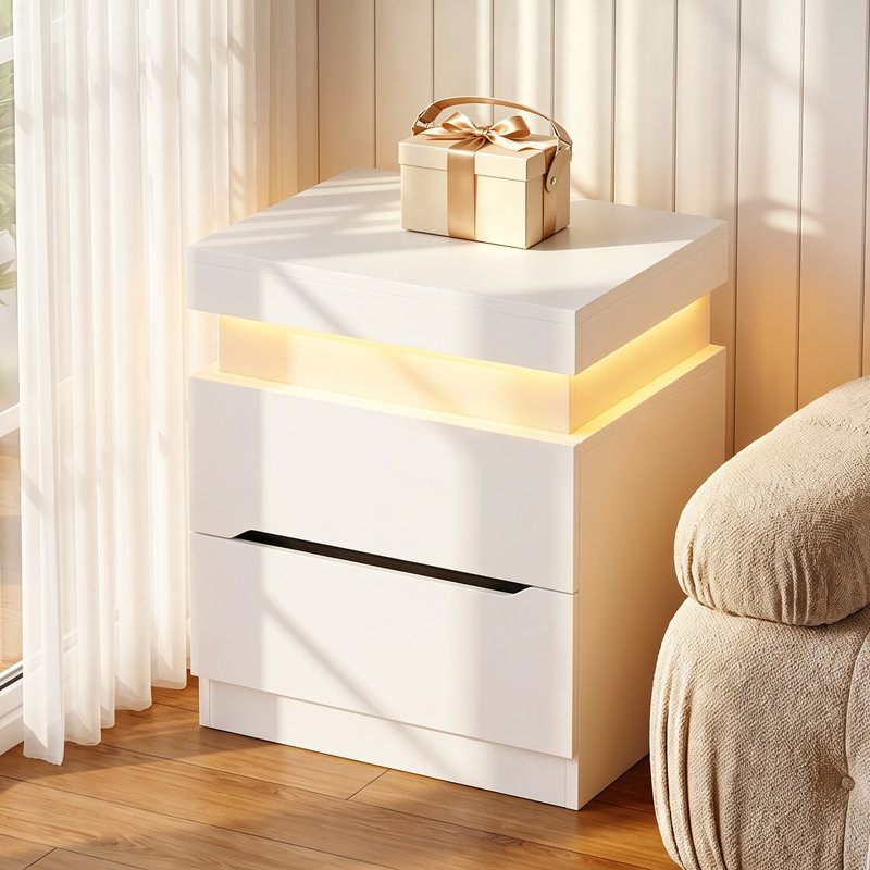 Table de chevet avec lumière RVB, table de chevet avec 2 tiroirs pour chambre à coucher, salon, blanc, Blanc