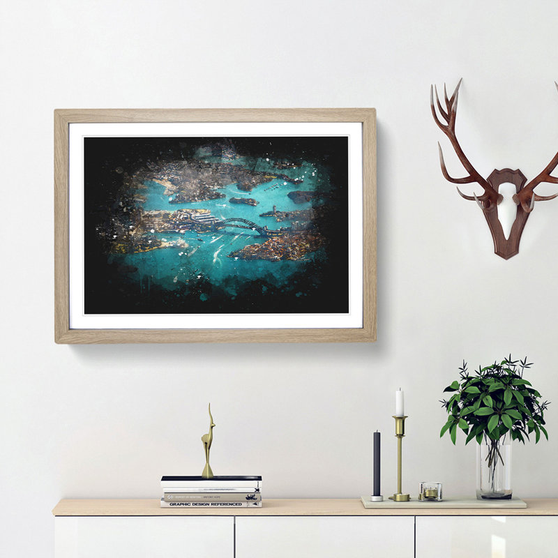 Birds Eye View Of Sydney Australia Paint Splash - Framed Print, 24cm H x 33cm W x 2cm D, Oak Framed