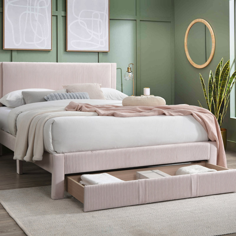 Grand lit contemporain avec tiroir de rangement, texture velours côtelé rose clair, design plateforme, pas de sommier tapissier nécessaire