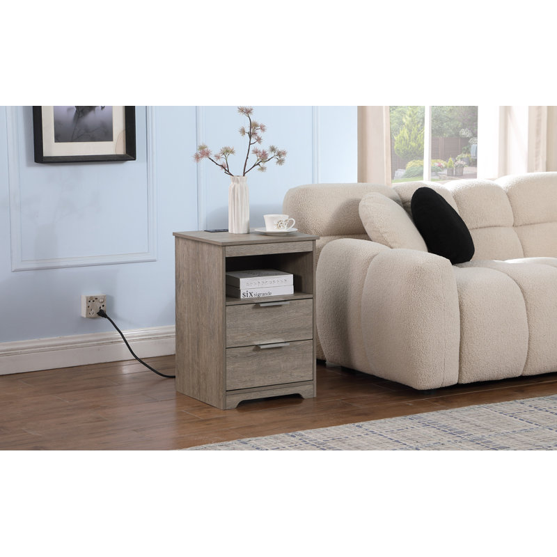 Nightstand With Charging Station, End Table With 2 Drawers, Gray