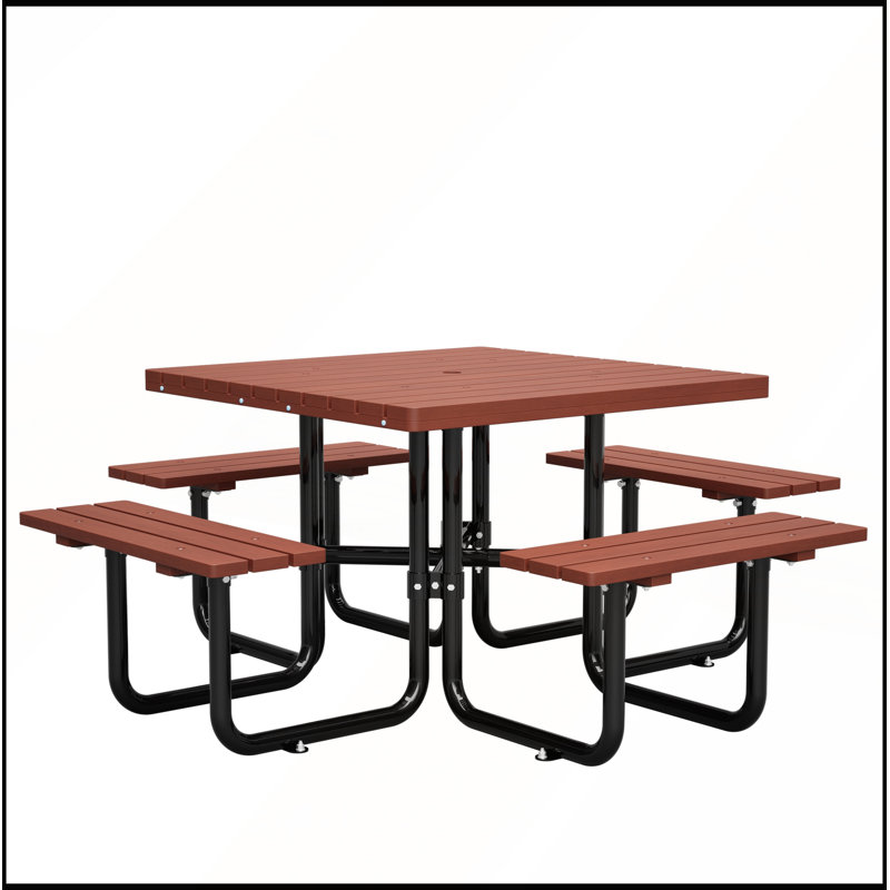 Ensemble de table de pique-nique carrée en bois massif (80,8 po x 80,8 po x 30,3 po) avec bancs intégrés, capacité de charge de 400 kg (882 lb), trou pour parasol.