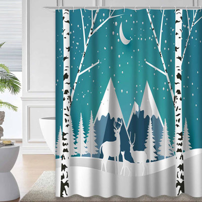 Deer Winter Forest Christmas Snow Shower Curtain with 12 Hooks