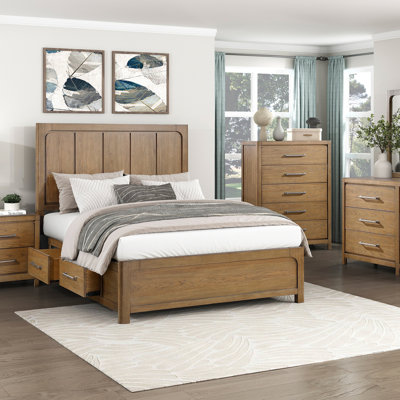 Lit plateforme au fini brun clair avec 4 tiroirs de rangement sur les rails latéraux et meubles de chambre à coucher modernes 1pc