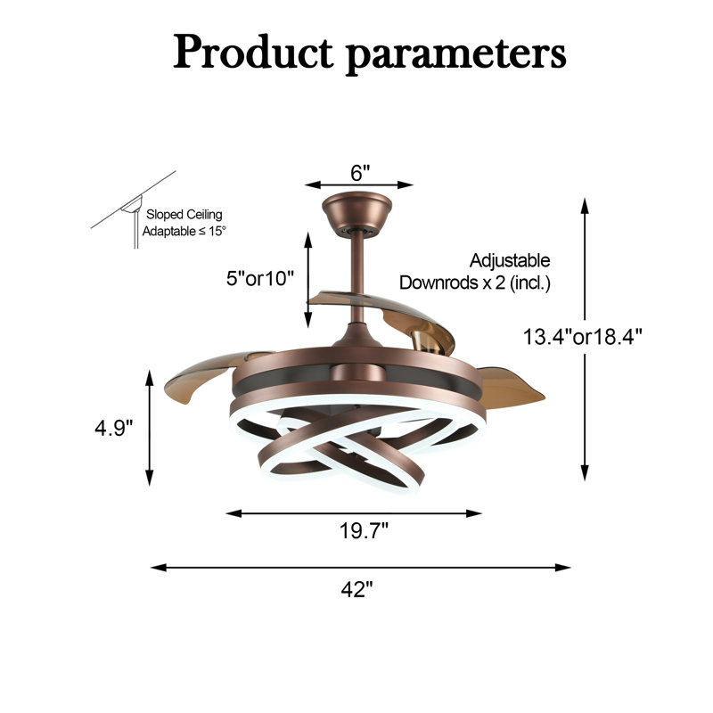 Orren Ellis 42" DIY Shade Retractable Ceiling Fan with LED Lights and Remote, Brown