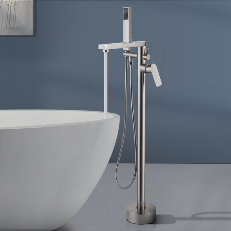 Topcraft Single Handle Floor Mounted Freestanding Tub Faucet with Handheld Shower, Brush Nickel