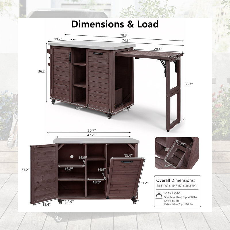 Îlot de cuisine 78,3 po avec plateau en acier inoxydable - Table de préparation pliante pour barbecue et rangement pour poubelle - Chariot de barbecue sur roulettes 100% bois massif - Noir