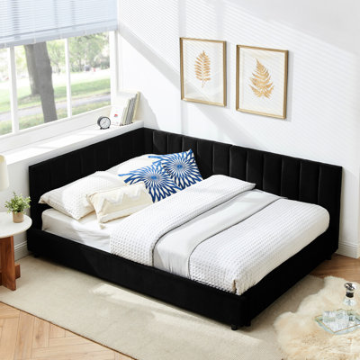 Lit double tapissier pleine grandeur avec texture velours doux et noir pour le salon de la chambre à coucher, revêtement confortable