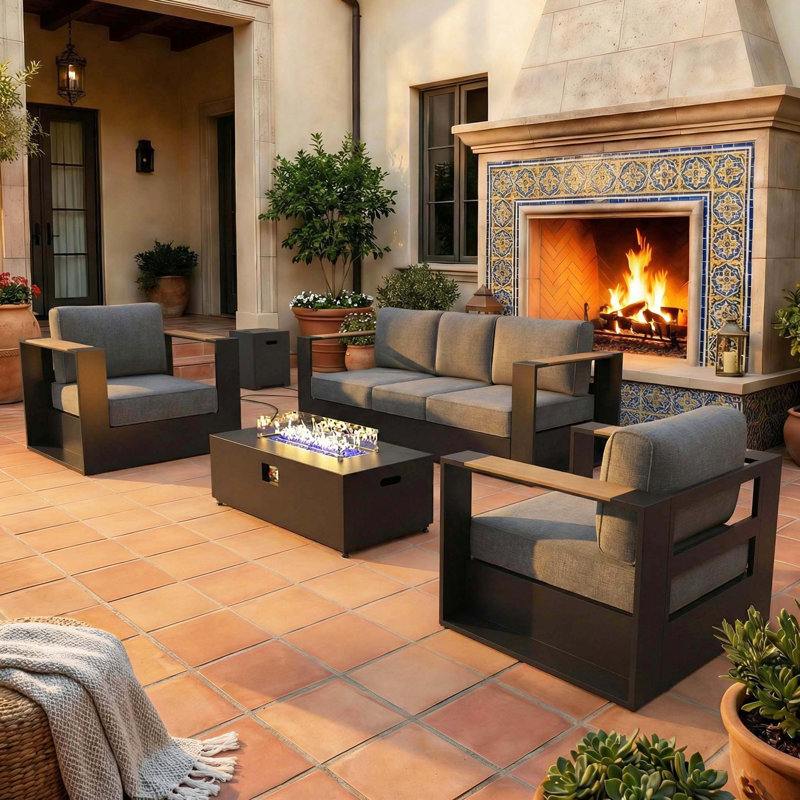  Outdoor Oversized Aluminum 4-piece Conversation Set With Firepit Table And 6-inch Cushion, 4 Pcs: 2 Chairs, Fire Pit, Sofa