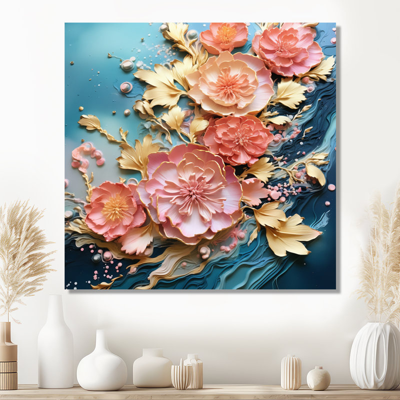 Vague en fleurs roses et dorées - décoration murale art floral moderne, Toile tendue, H 16 po x l 16 po x P 1 po