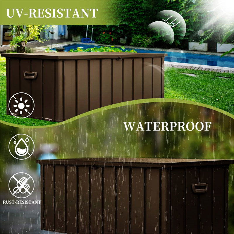 Boîte de rangement extérieure 150 gallons imperméable, H 27,56 po x l 49,41 po x P 24,69 po, Marron foncé