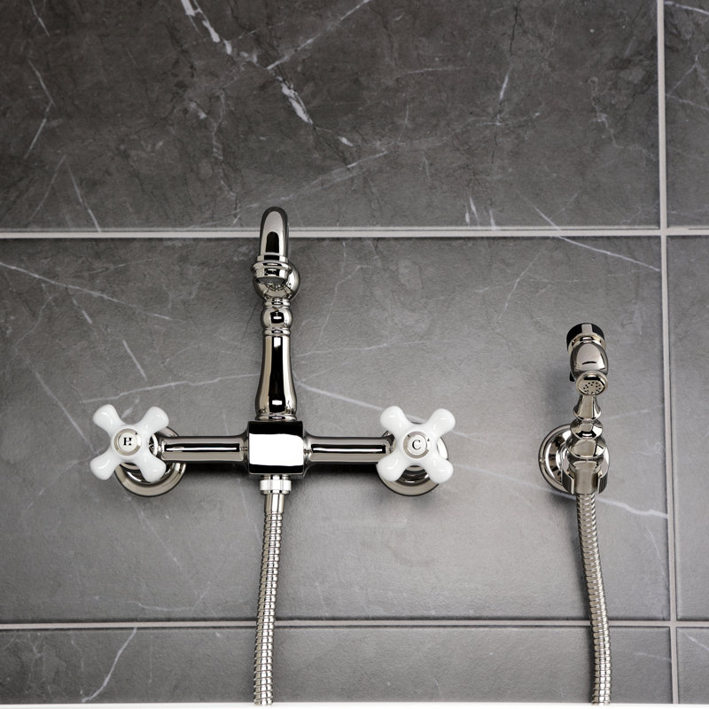 Kingston Brass Heritage Double-Handle 3-Hole Wall-Mount Bridge Kitchen Faucet with Brass Sprayer, Nickel
