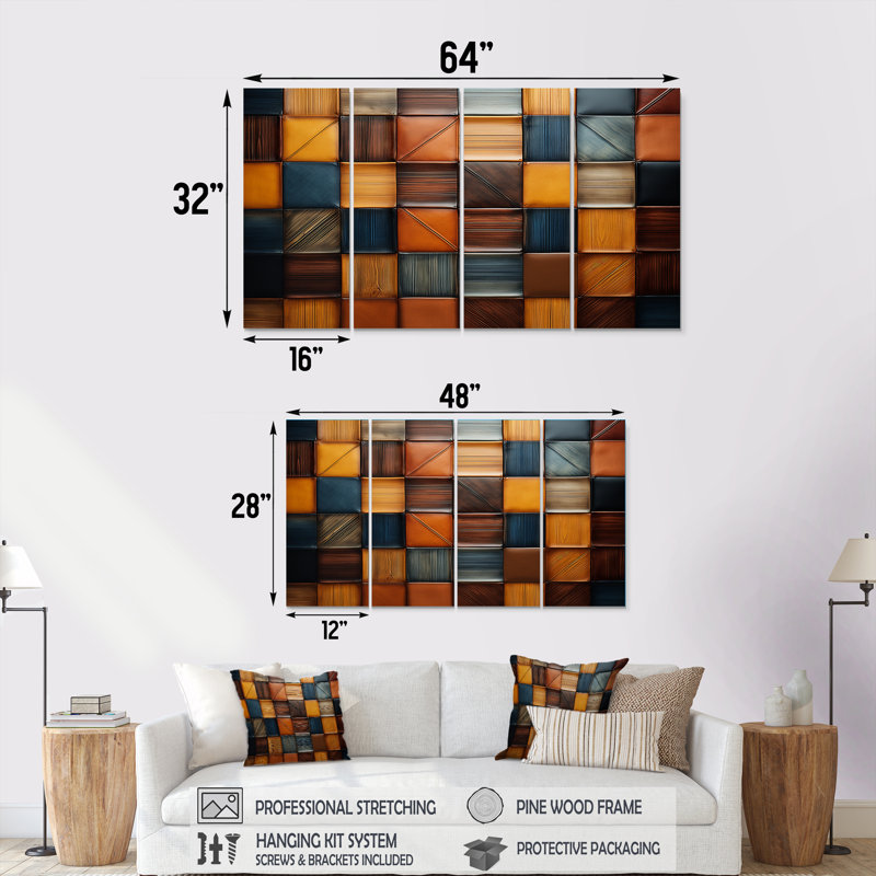 Ensemble de 4 mosaïques géométriques abstraites géométriques à motif géométrique brun II, H 28 po x l 48 po