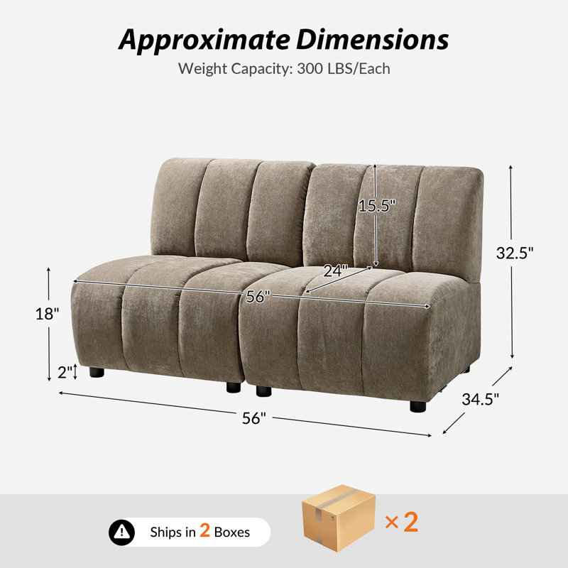 Shalon 56" Modern Modular Chenille 2-Piece Channel Tufted Loveseat , Sand