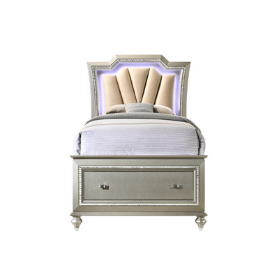 Lit double - Champagne, éclairage à DEL, cuir synthétique et rangement luxueux avec rangement efficace