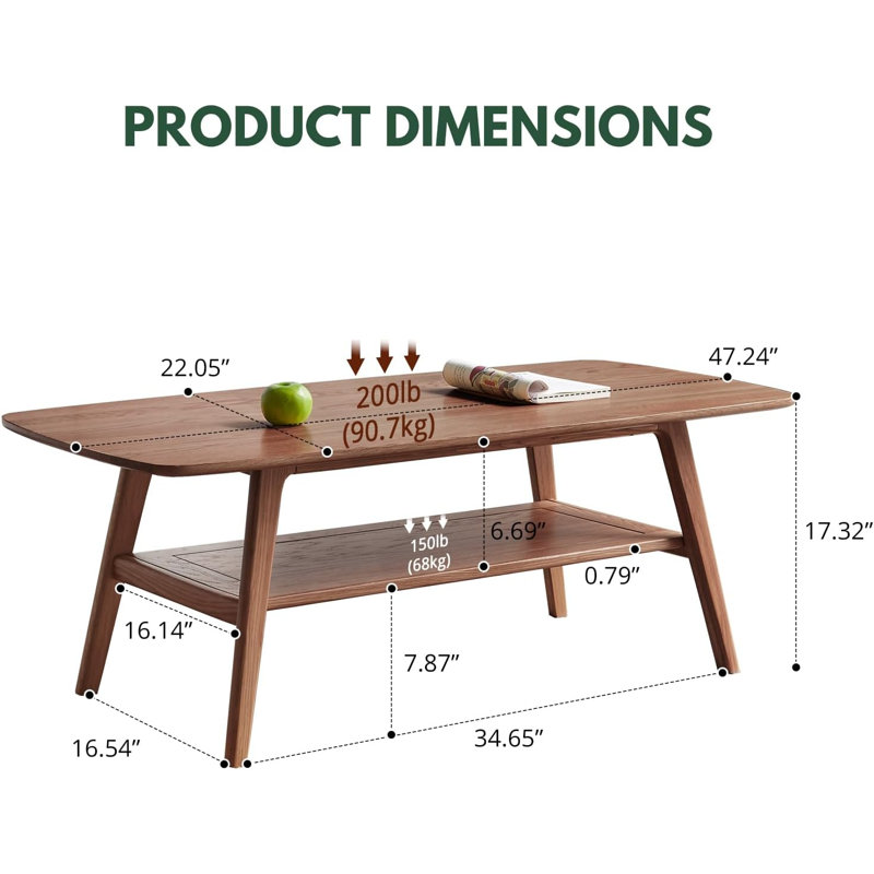 Table basse moderne Mid-Century: table basse 100% bois massif - Conception de rangement à 2 niveaux - Tables basses pratiques pour le salon, appartement, assemblage facile (noyer, 47,24 po)