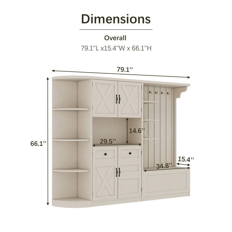 Arbre d'entrée multifonctionnel avec tablettes de rangement, armoire et banc - peut être utilisé séparément, Beige