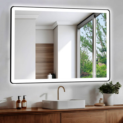  Black Framed LED Bathroom Vanity Mirror with Front & Back Lighting, Dimmable 3-Color Light & Anti-Fog