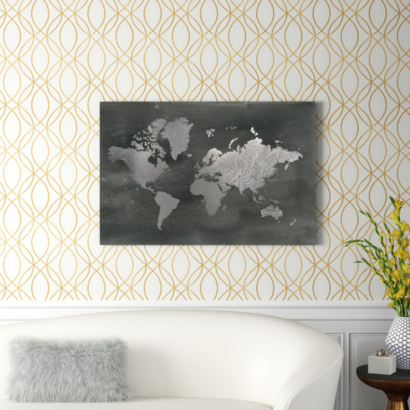 Large Silver World Map On Black Wash by Jennifer Goldberger - Painting, 81cm H x 122cm W, Wrapped Canvas