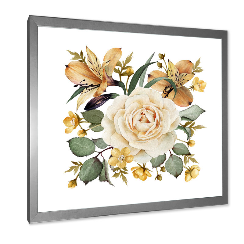 Rose blanche rétro - peinture sur toile, H 36 po x l 36 po x 1,5 po, Cadre photo argenté