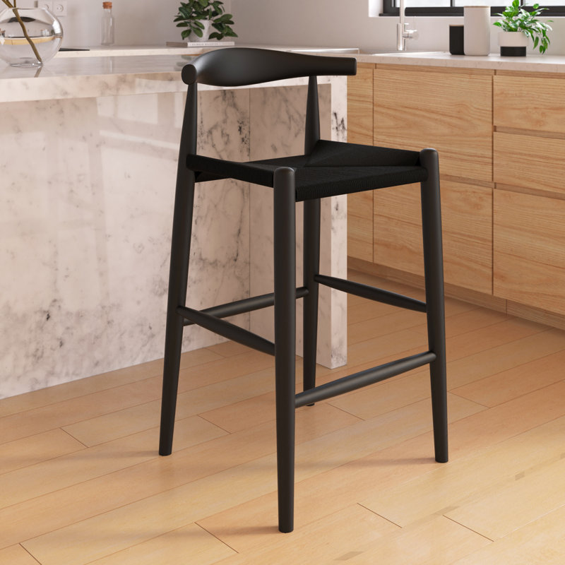 Ardo Solid Wood Bar & Counter Stool, Bar Stool (28.5" Seat Height), Black Paper Cord/Black American Ash Wood