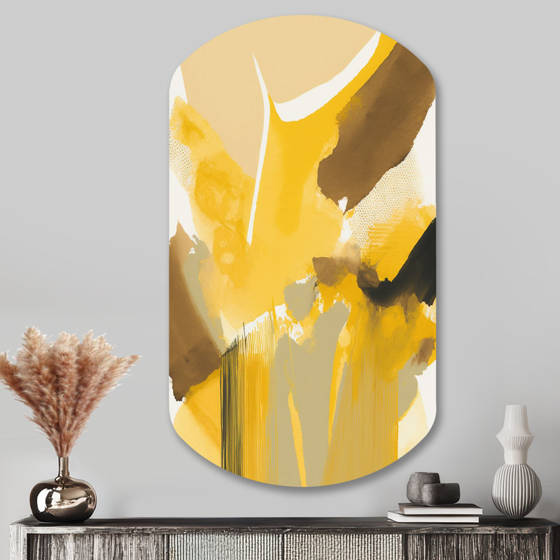 Moutarde jaune rétro I - Art abstrait en forme de cylindre encre liquide, H 43 po x l 23 po