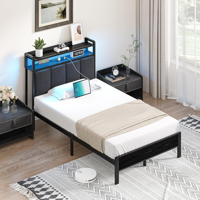 Bed Frame with Storage Headboard, Upholstered Platform Bed with Charging Station and LED Lights, Heavy Duty Metal Slats, Twin