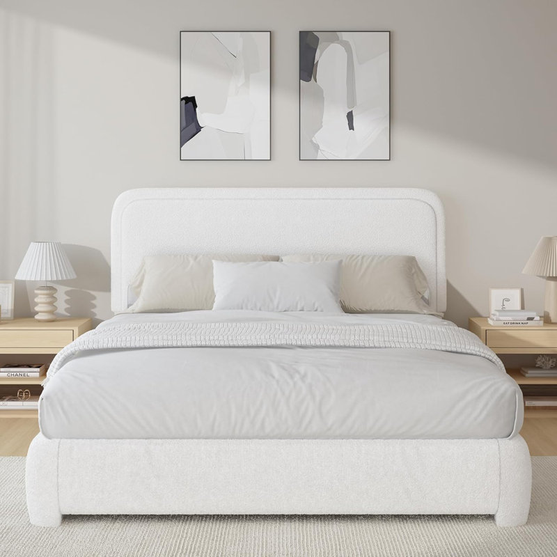 Boucle Upholstered Bed Frame  Soft Rounded Corners Headboard Low Profile Bed Frame No Box Spring Needed, White, Queen