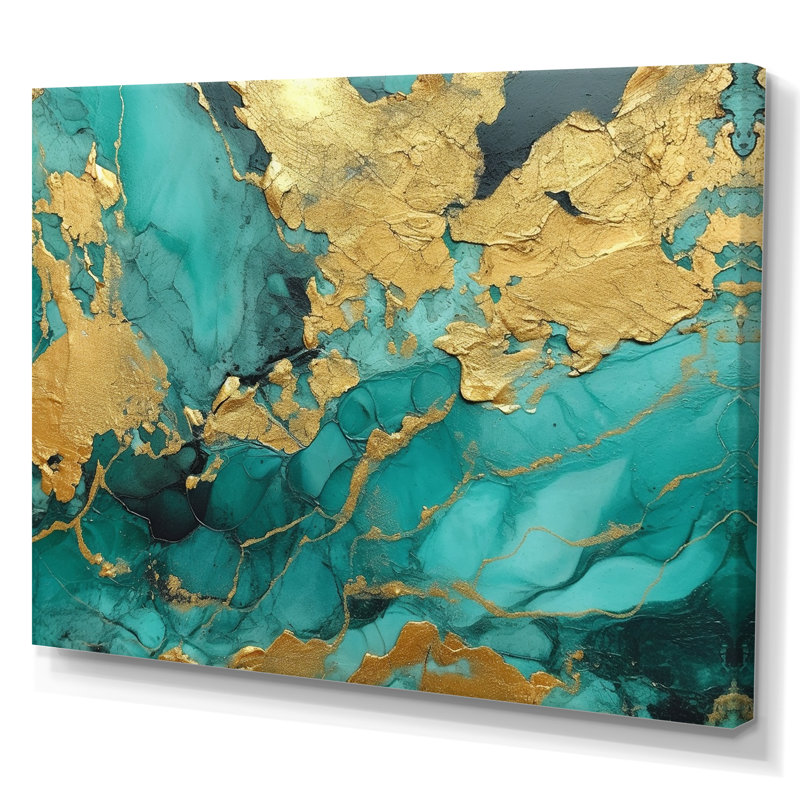 «Blue Watercolor Impression With Gold II - Fractals», reproduction sur toile, H 20 po x l 12 po x P 1 po, Toile tendue