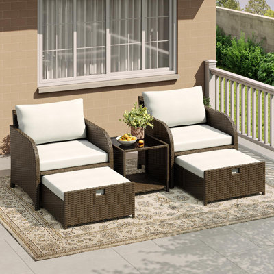 5 Pieces Patio Furniture Set, Wicker Conversation Set with Cushioned Chairs, Outdoor Patio Sofa Set with Tempered Glass Table, Waterproof Cushions for Backyard, Poolside and Balcony.