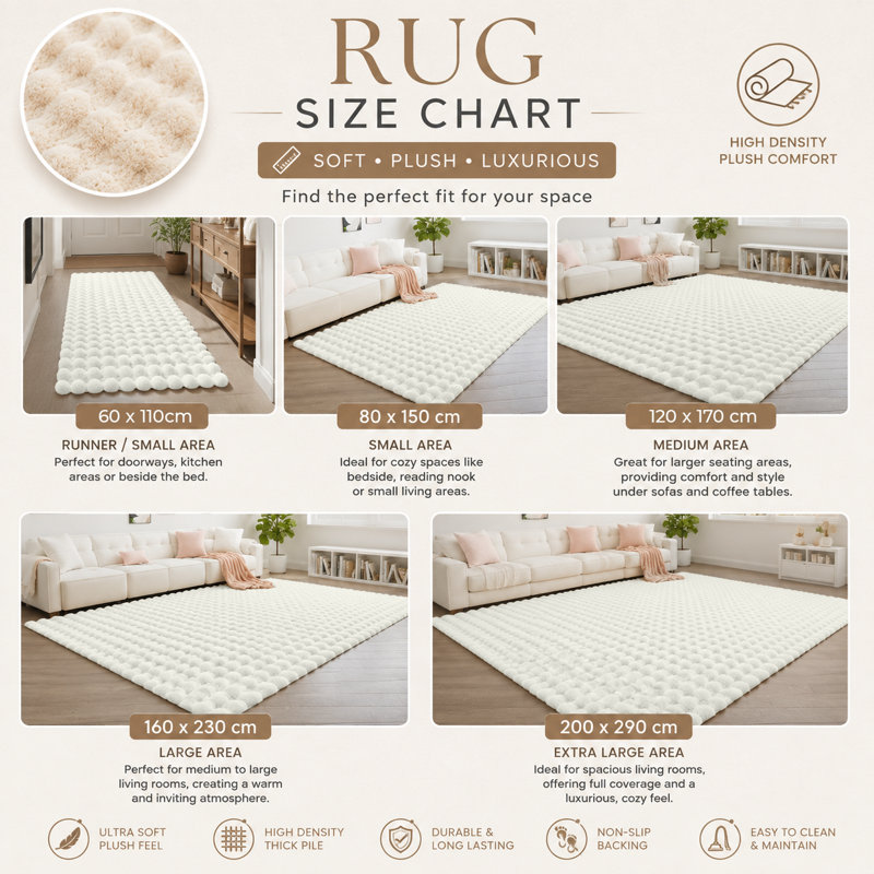 Bubble Design Luxury Area Rugs Soft Decorative Plush Rug for Living Room Bedroom , Cream, Rectangle 160 x 230 cm