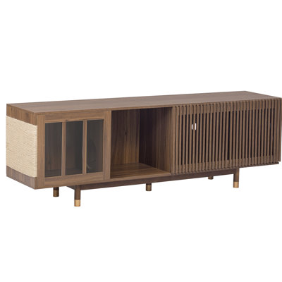 Walnut Mid-century Modern Entertainment Stand With Sliding Door, Flip-down Option, Pet- Cat Hideaway And Piece Style Tv & Doors, Chic Center