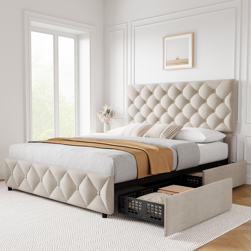 Bed Frame With 4 Storage Drawers, Linen Upholstered Platform Bed Frame With Headboard And Footboard, Beige, Full
