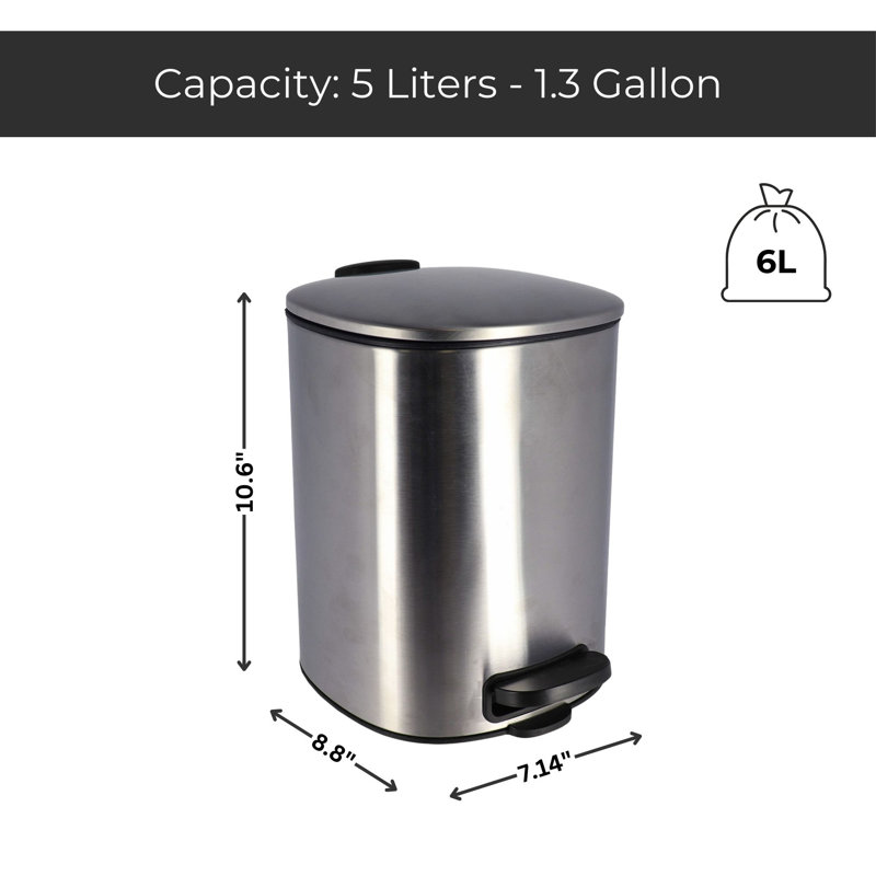Large Chrome Metal Trash Can with Silent Soft Close Lid and Foot Pedal