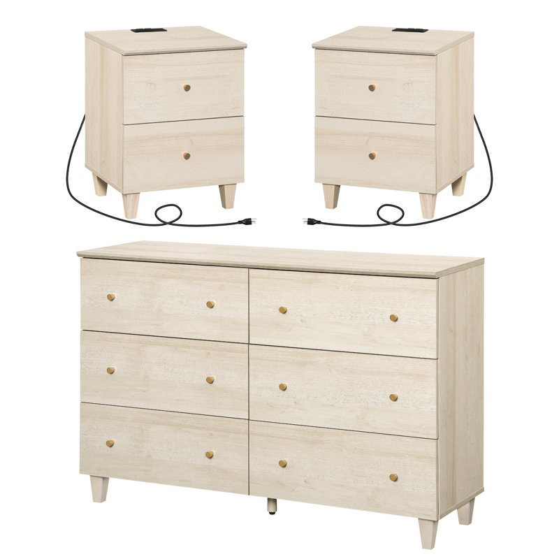 Ensemble de commode de chambre et de tables de chevet, 3 pièces Lysiane, Biscotti