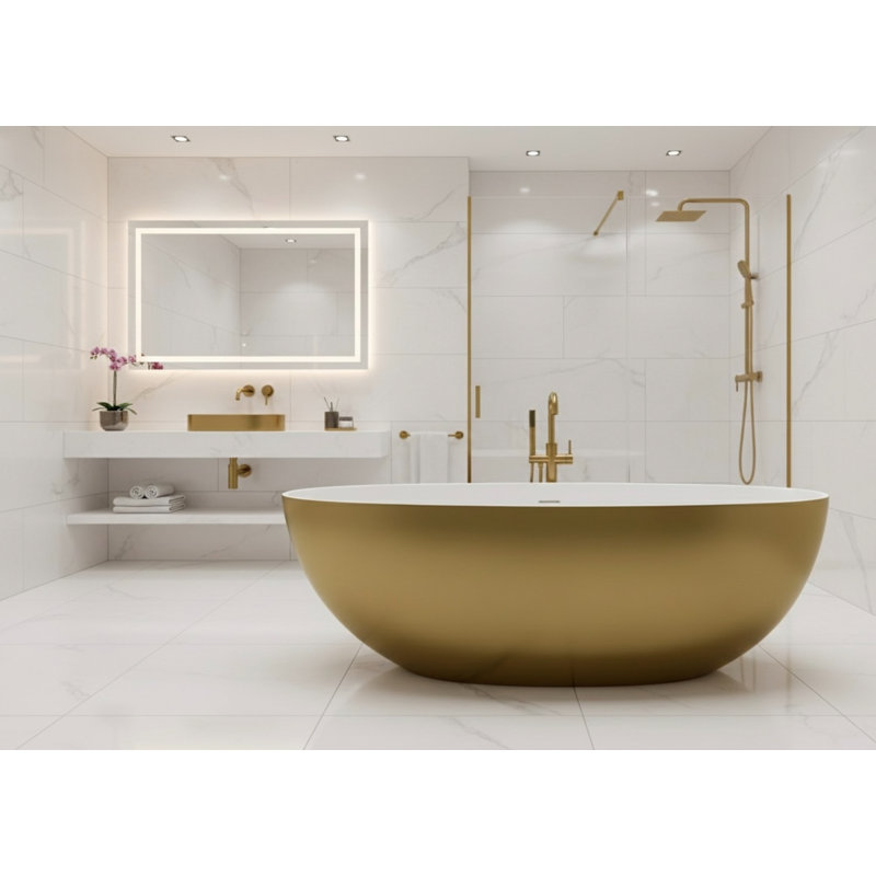 Vast Studio 62.8” x 30.3” Metallic Freestanding Oval Bathtub – Aged Brass/White Deep Soaking Tub with Dual-Tone Interior & Exterior, Sculpted Modern Luxury Finish