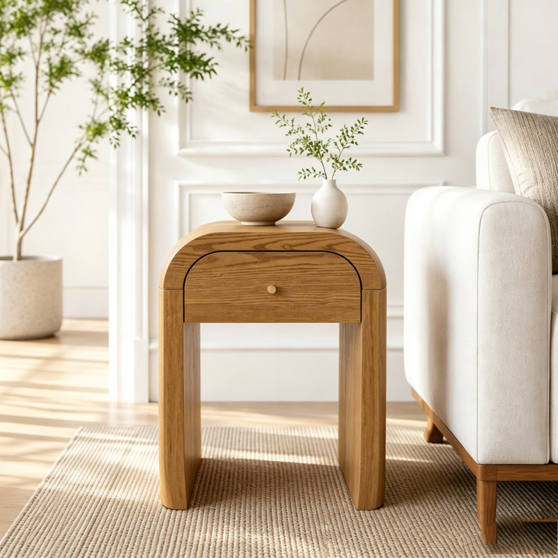 Table d'appoint incurvée en noyer avec tiroir - Table de chevet à bord arrondi