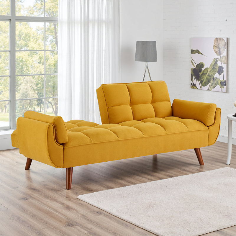 Kamaren Full 75.39" Futons Upholstered Convertible Sofa, Citrus Yellow Polyester Blend