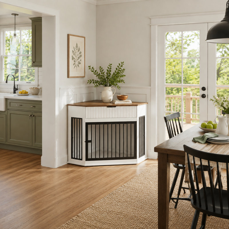 Table de bout 31,5 po avec tiroir cannelé, table de bout blanche en MDF pour petits et moyens chiens, conception moderne peu encombrante