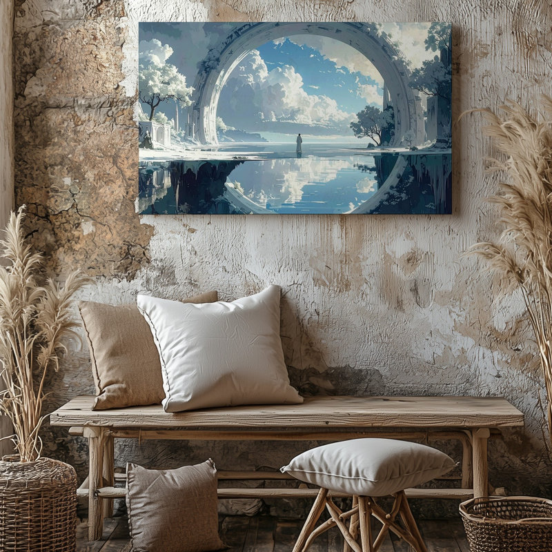 Toile arche sacrée et architecture futuriste sur toile de lac réfléchissant, H 11 po x l 14 po
