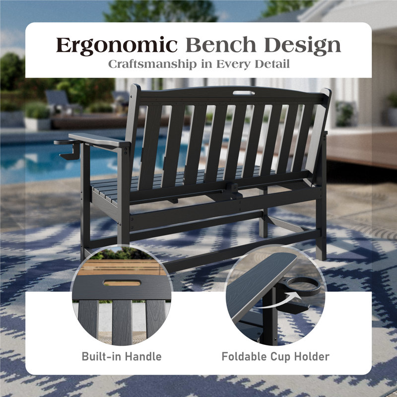 Banc de parc extérieur Hdpe avec porte-gobelet dissimulé, Noir