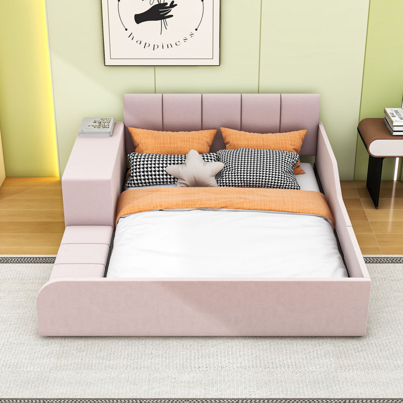 Lit plateforme tapissier luxueux en velours avec bureau, tabouret rond et rails de sécurité, Double, Pink