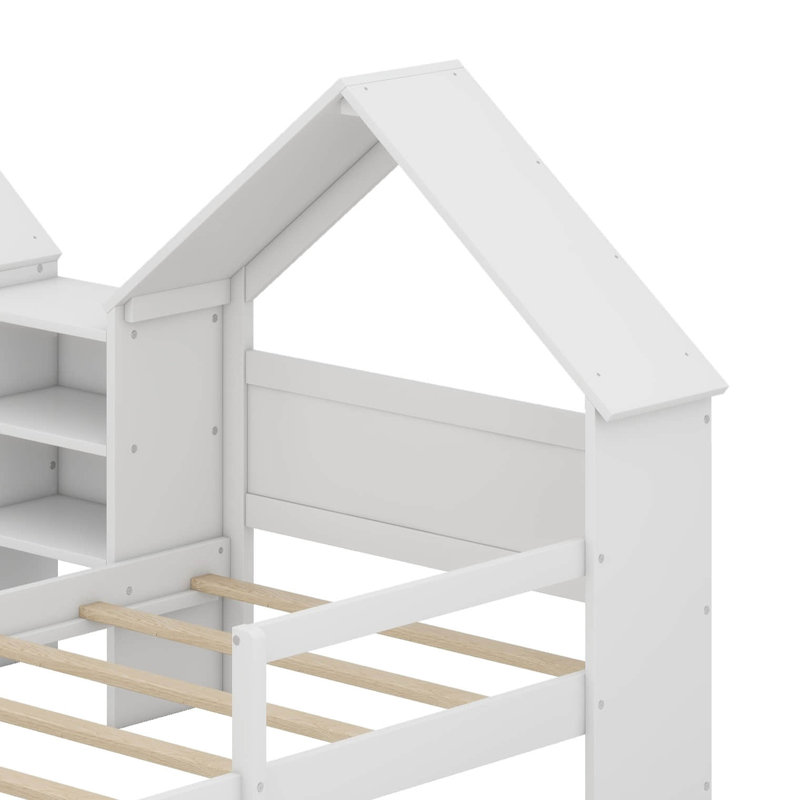 Lit plateforme simple double, lit plateforme en bois avec tête de lit en forme de maison et table de chevet intégrée, Blanc