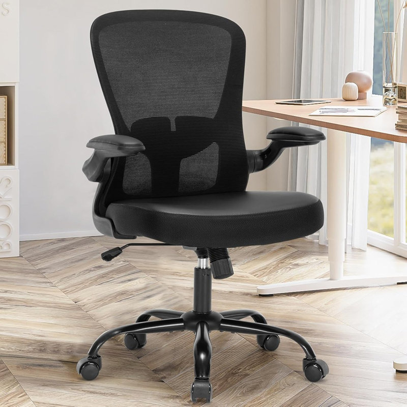 Fauteuil de bureau en filet avec support lombaire, fauteuil en cuir synthétique avec hauteur réglable, fauteuil de direction pivotant avec accoudoirs rabattables, noir