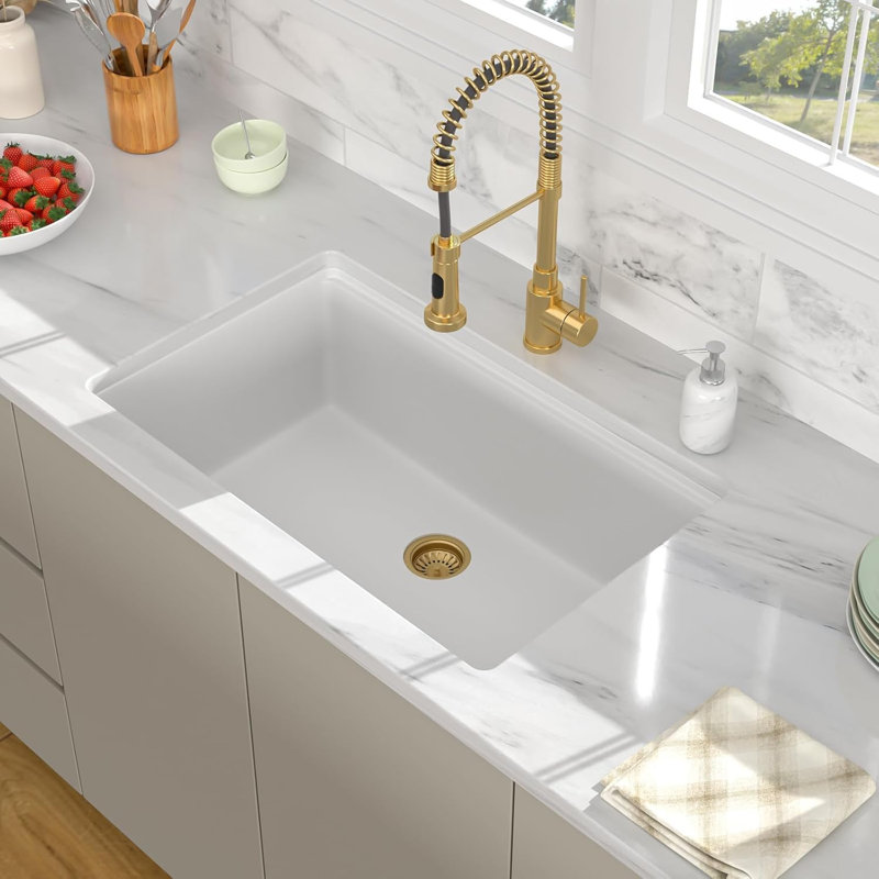 33" L x 19" W Beslend Granite Undermount Kitchen Sink, White, 9.65" H x 33" L x 19" W