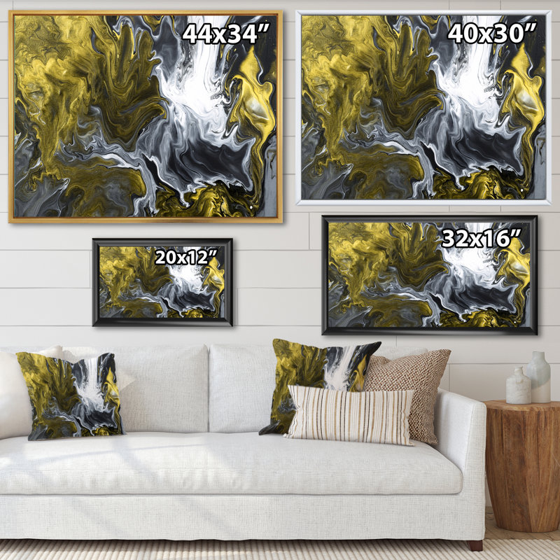 Jaune jaune et noir liquide Art Waves II - peinture sur toile, H 12 po x l 20 po, Toile à cadre flottant noir