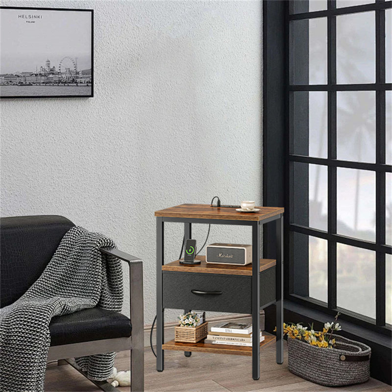 Multi-Functional Bedside Table With Charging Station & Adjustable Fabric Drawer, Black/Rustic Brown
