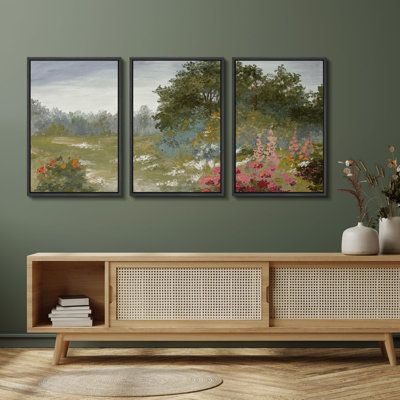 Rural Landscape " Whimsical Garden Path Colorful Floral Landscape Illustration Modern Decor Multicolor Chic " 3 - Pieces